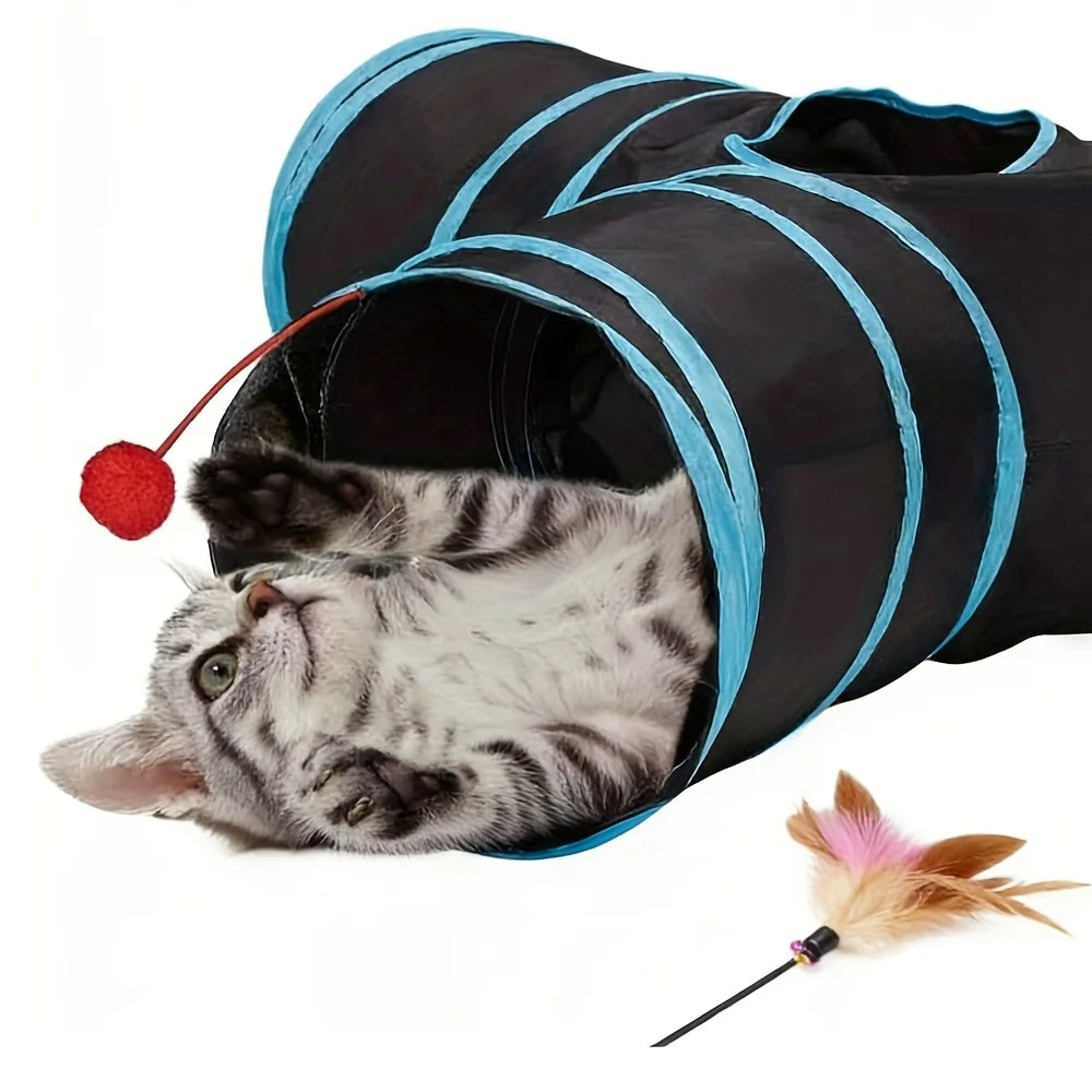 2pcs Cat Toy Set, Including Tunnels and Teasing Sticks, with Ball Foldable 3-Way Tunnels, Portable Cat Tunnel Toy, Cat Interacti
