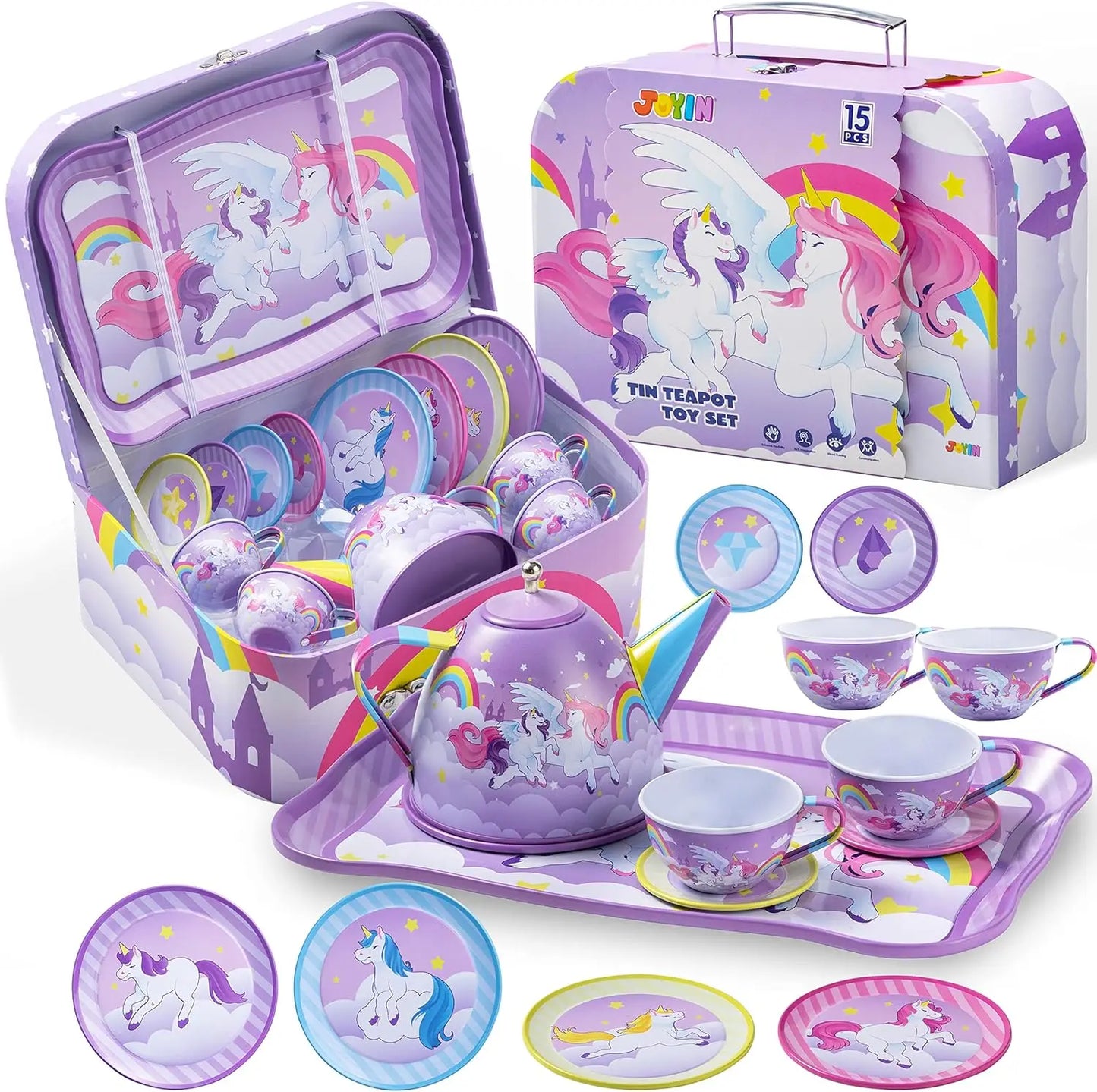 Child's Tea Set, Mermaid Tea Party, for Princess Pretend Play. Tin Teapot, Cups, Plates and Carry Case for  Toddlers to 6 Years Olds