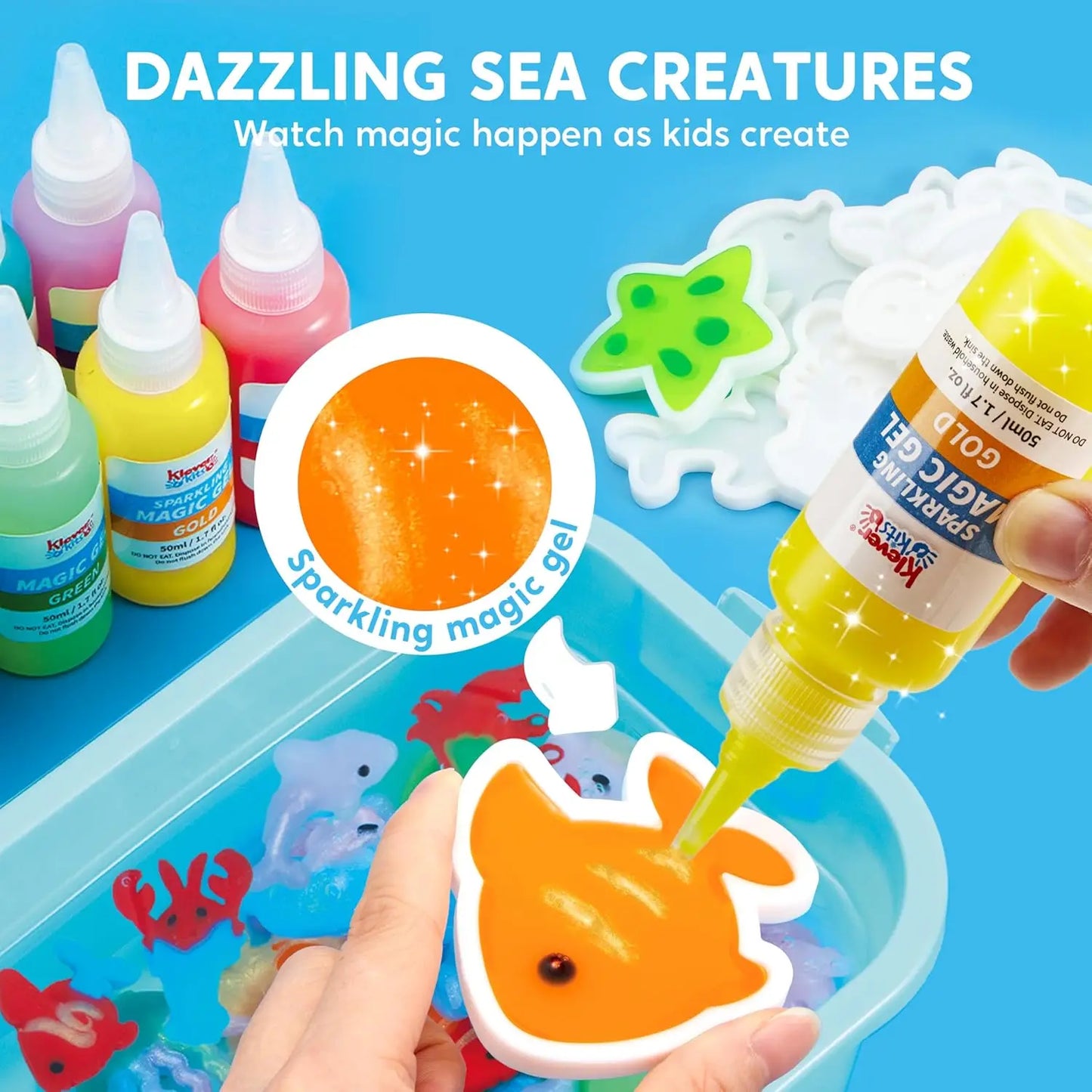 Water Gel Toy Kit with 10 Gel  Bottles for Kids that enjoy sensory play with hands.