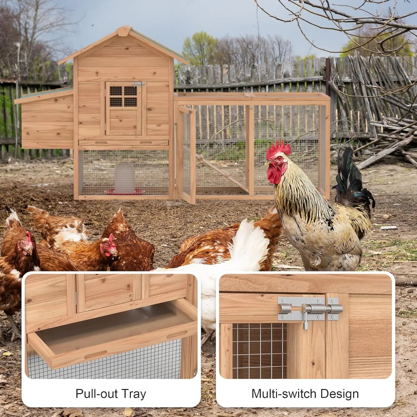 Wooden Chicken Coop Outdoor With Waterproof Roof Nesting Box And Wire Fence