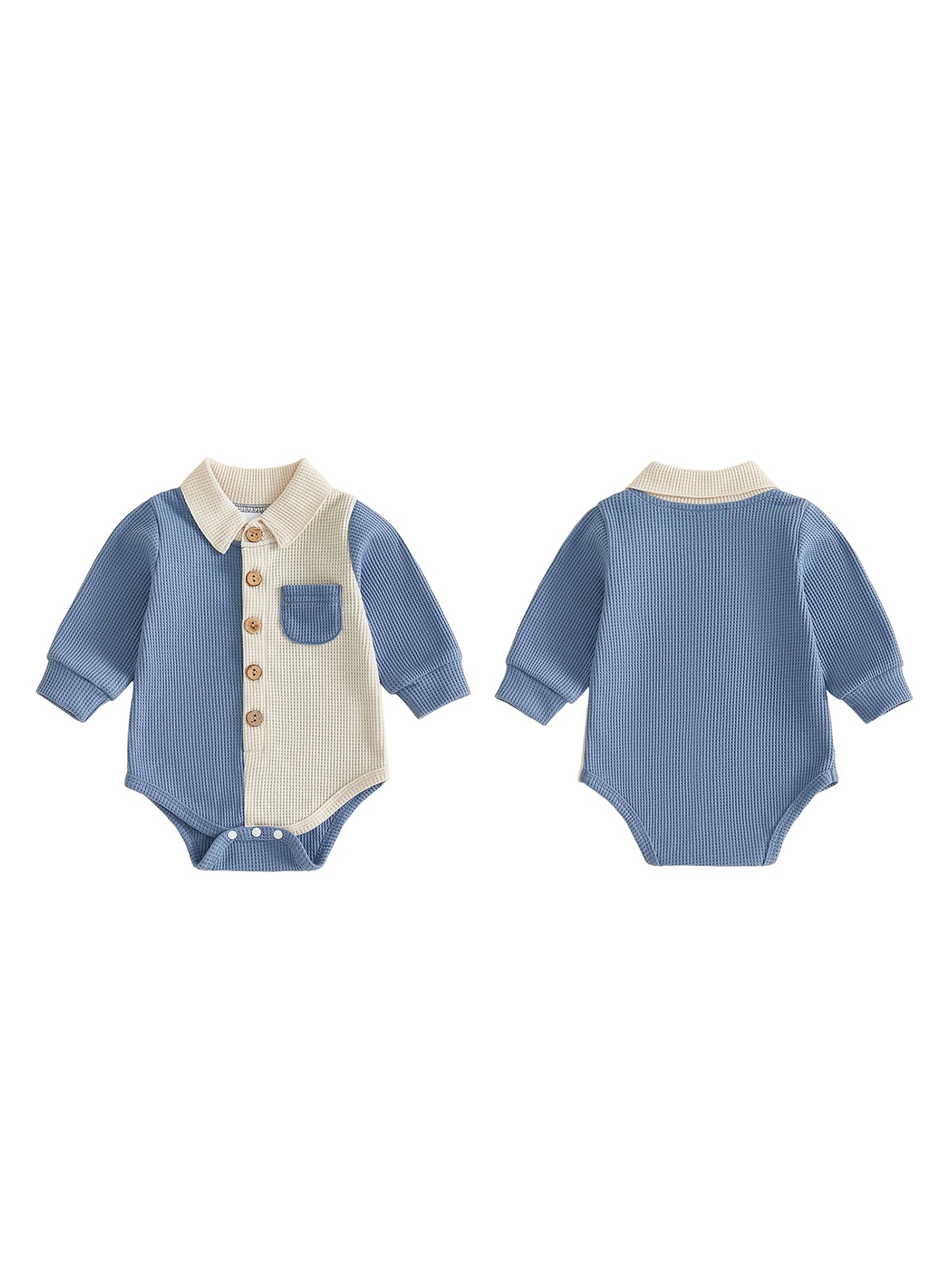 Long Sleeve Button-Up-Romper for Baby-Boys-Waffle fabric with Collar brings comfort to baby in cooler weather.
