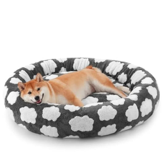 Donut Dog Bed Medium Size, Cute Round Calming Pet Bed with Removable Washable Cover, Orthopedic Cat Puppy Bed with Jacquard Sha