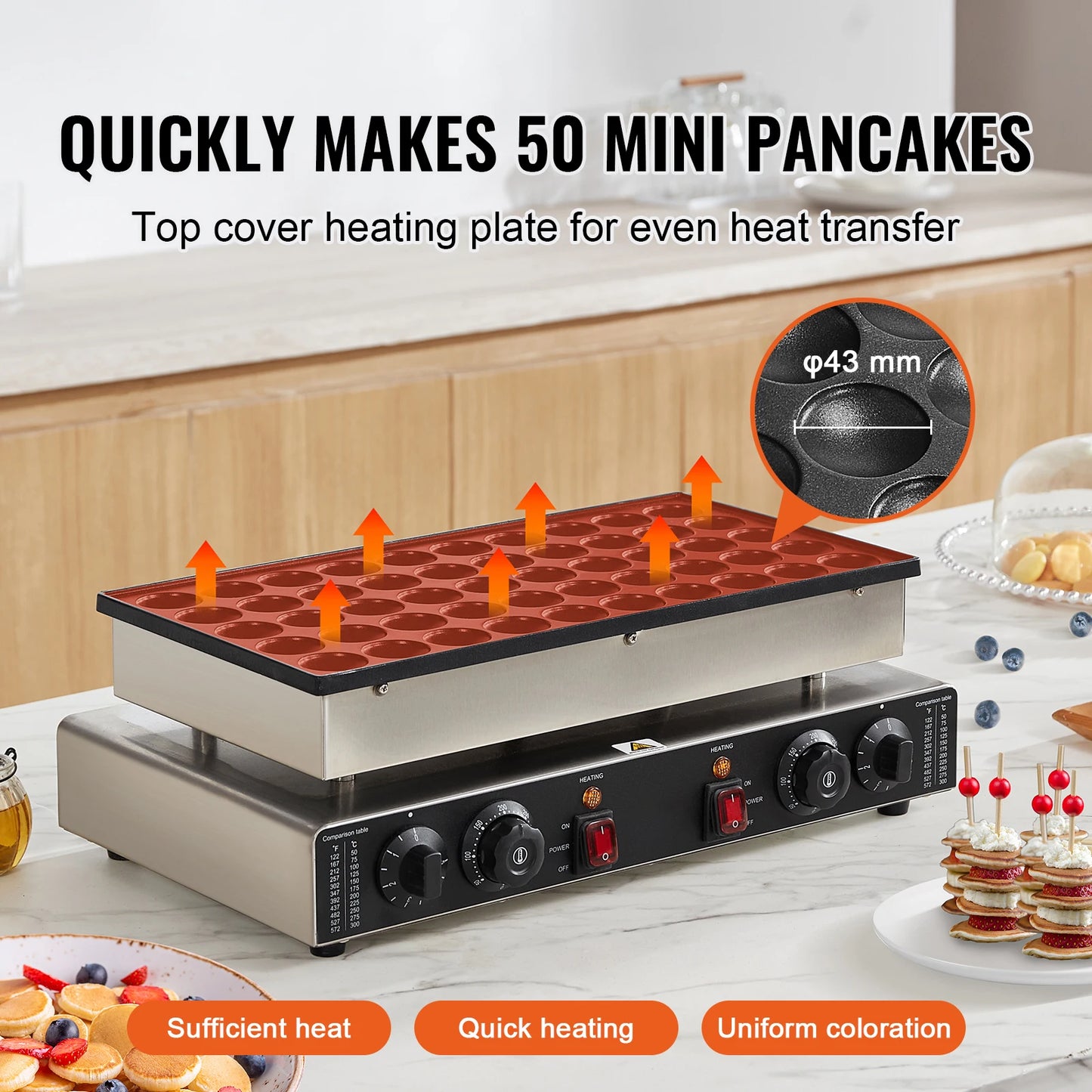 50 Count Mini Dutch Pancake Maker, Non-stick Waffle Maker with Dual Temp & Time Control makes fun brunch or breakfast meals. Perfect for families and sleepovers.
