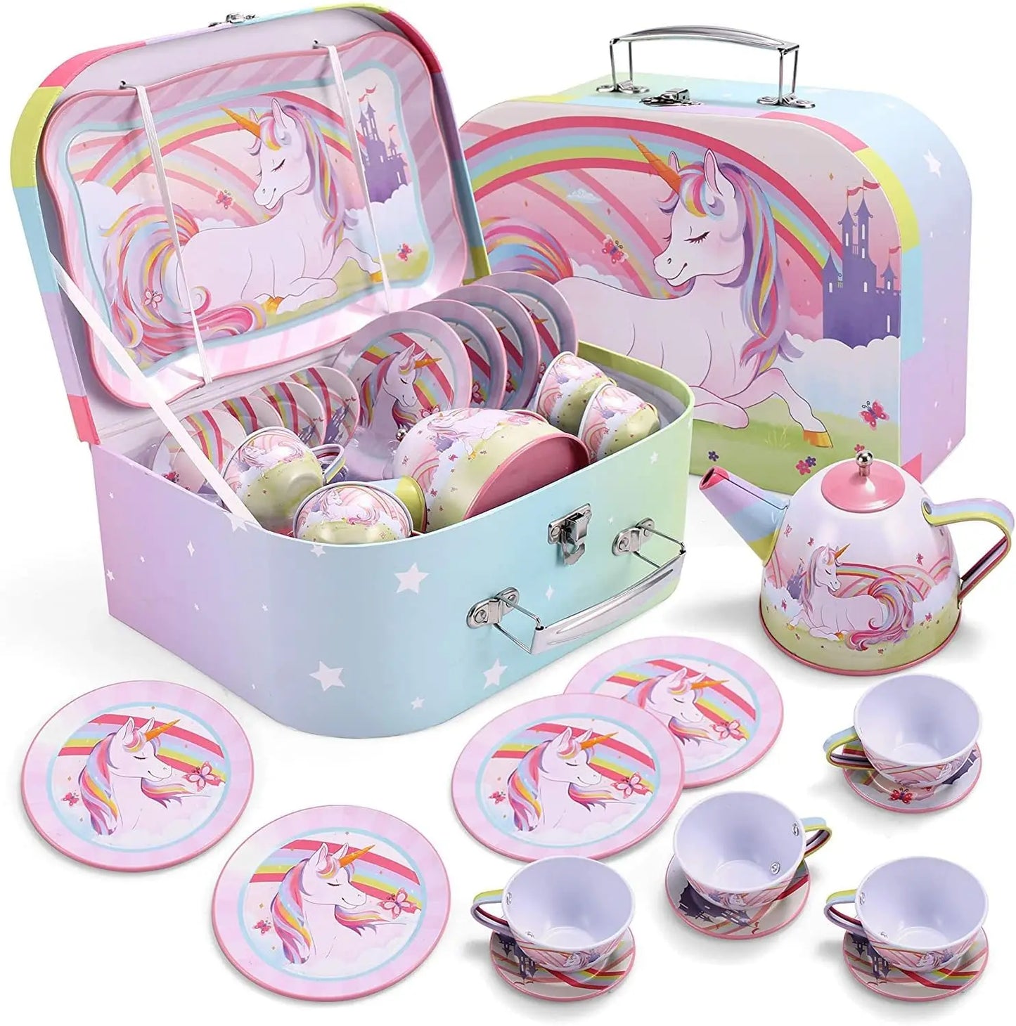 Child's Tea Set, Mermaid Tea Party, for Princess Pretend Play. Tin Teapot, Cups, Plates and Carry Case for  Toddlers to 6 Years Olds
