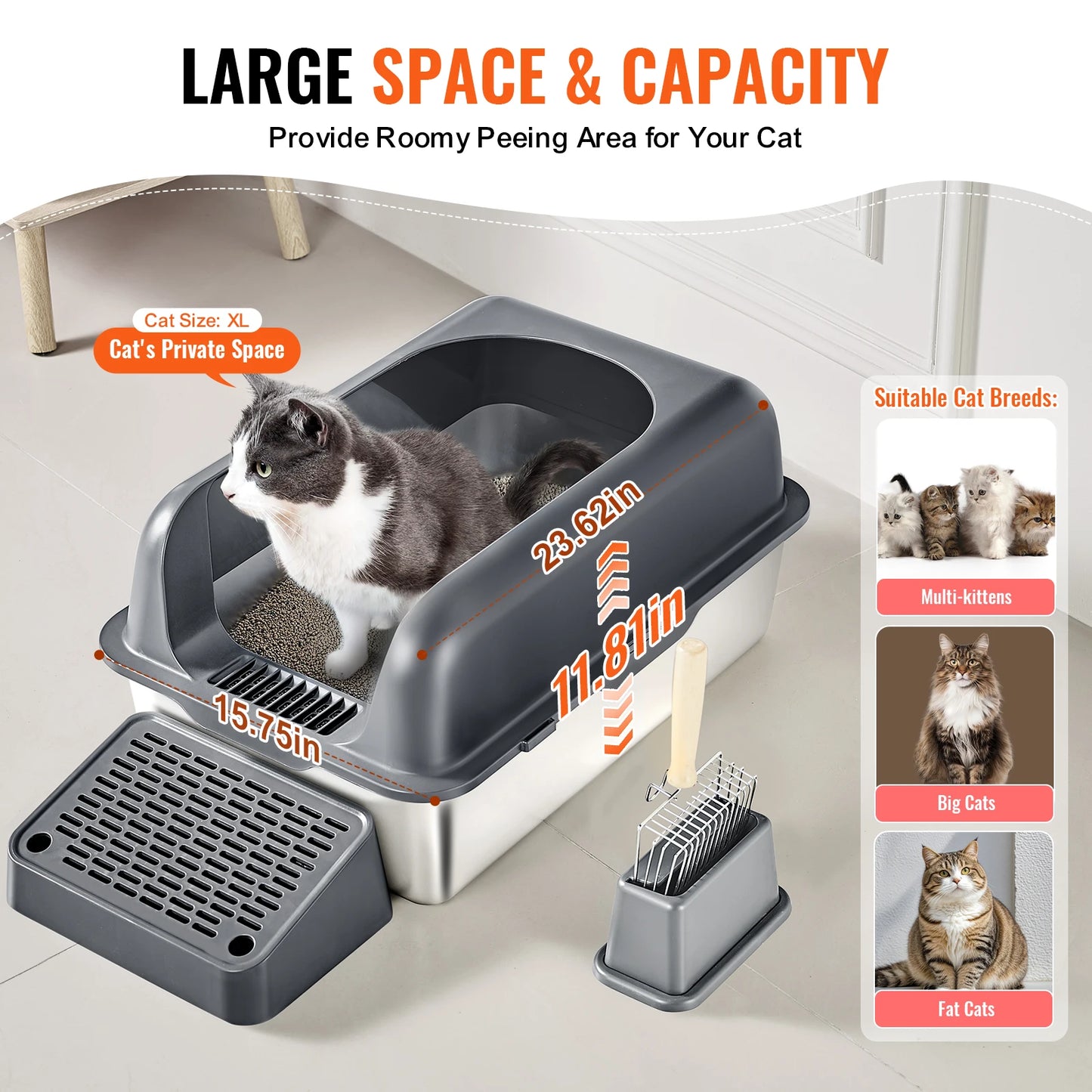 Stainless Steel Cat Litter Box With Scoop And Ramp