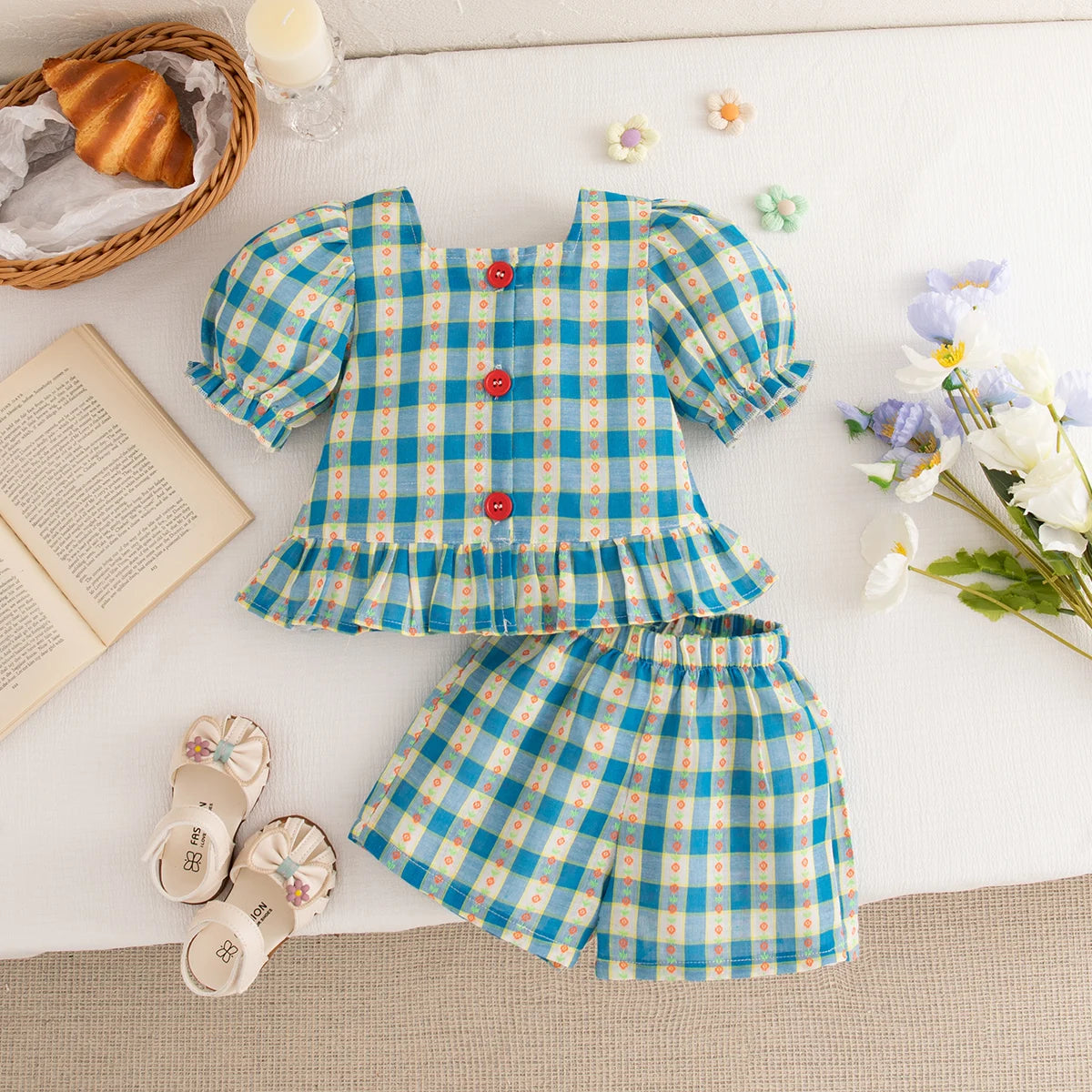 Toddler Summer Baby Girl Cotton Pastel Plaid Bubble Sleeve Top And Shorts Set, Cute for Special Occasions.