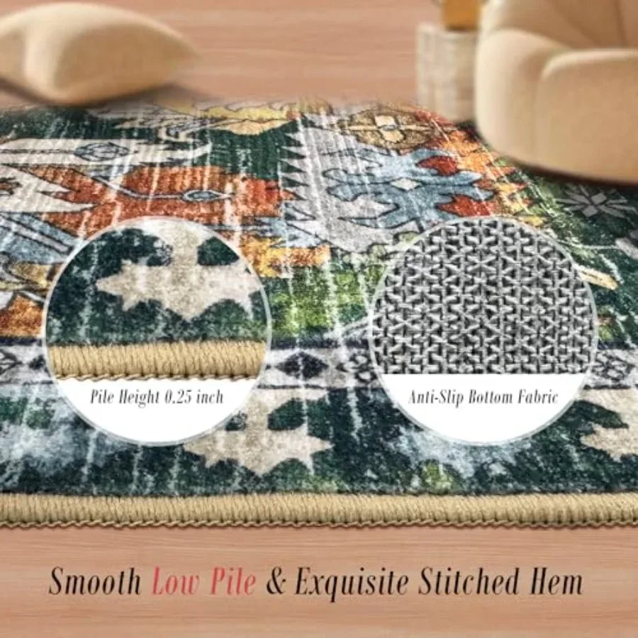 Kilim Print Area Rug With Anti Slip Backing Washable Polyester