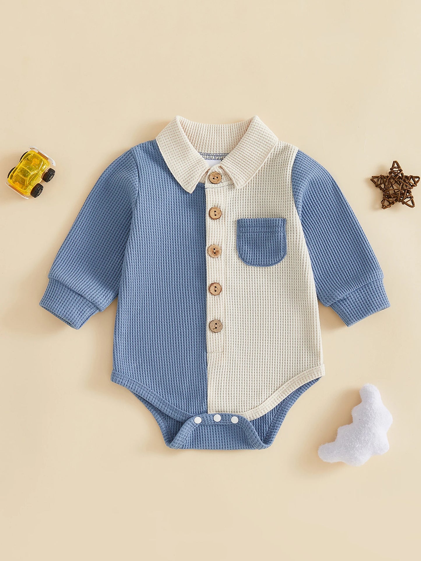 Long Sleeve Button-Up-Romper for Baby-Boys-Waffle fabric with Collar brings comfort to baby in cooler weather.