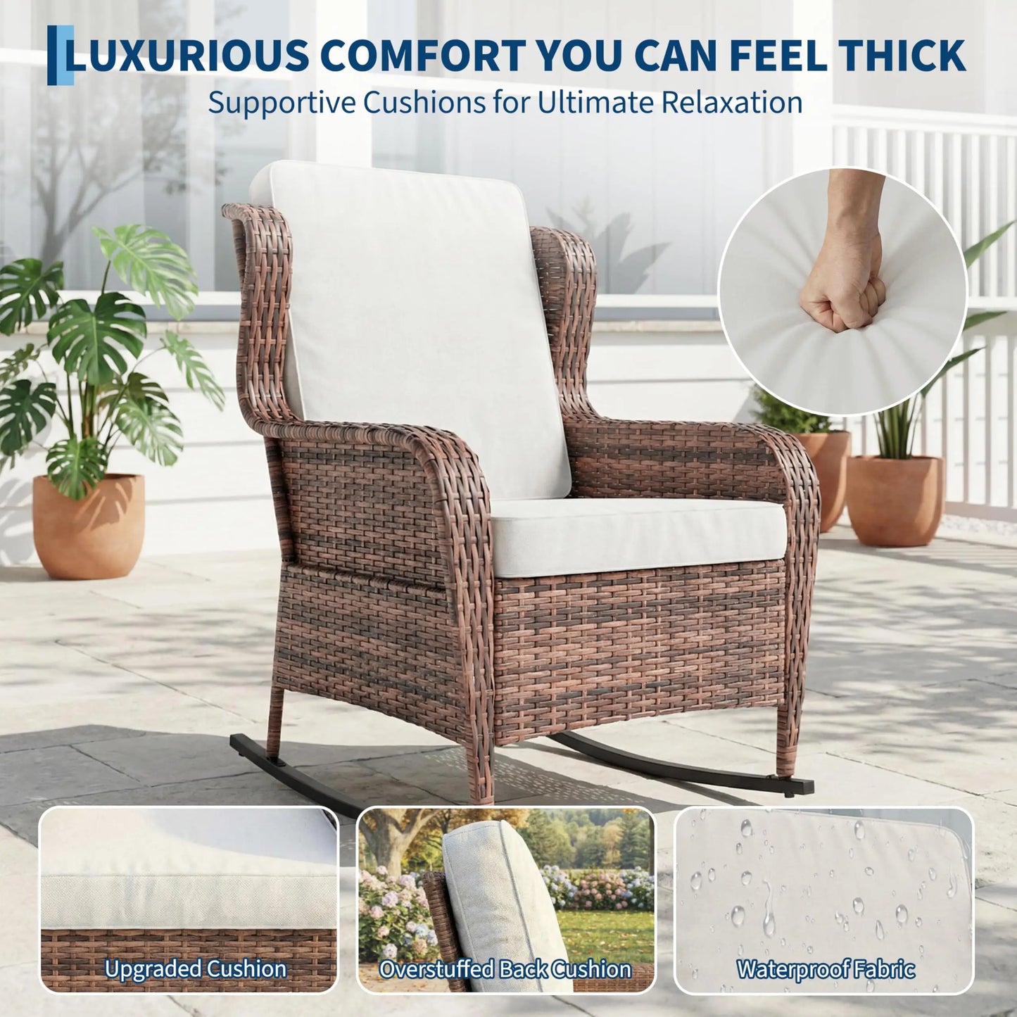 Outdoor Wicker Rocking Chair, All-Weather Patio Rocker with Thick Cushions, High Back Rattan Chair For Adding Style to Front Porch, Garden or Backyard
