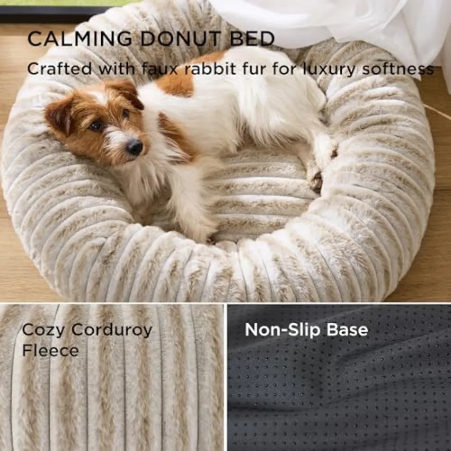 Medium Plush Dog Bed - Washable Faux Fur with Corduroy Fleece and Anti Slip Bottom, Pet Bed with Removable Cover