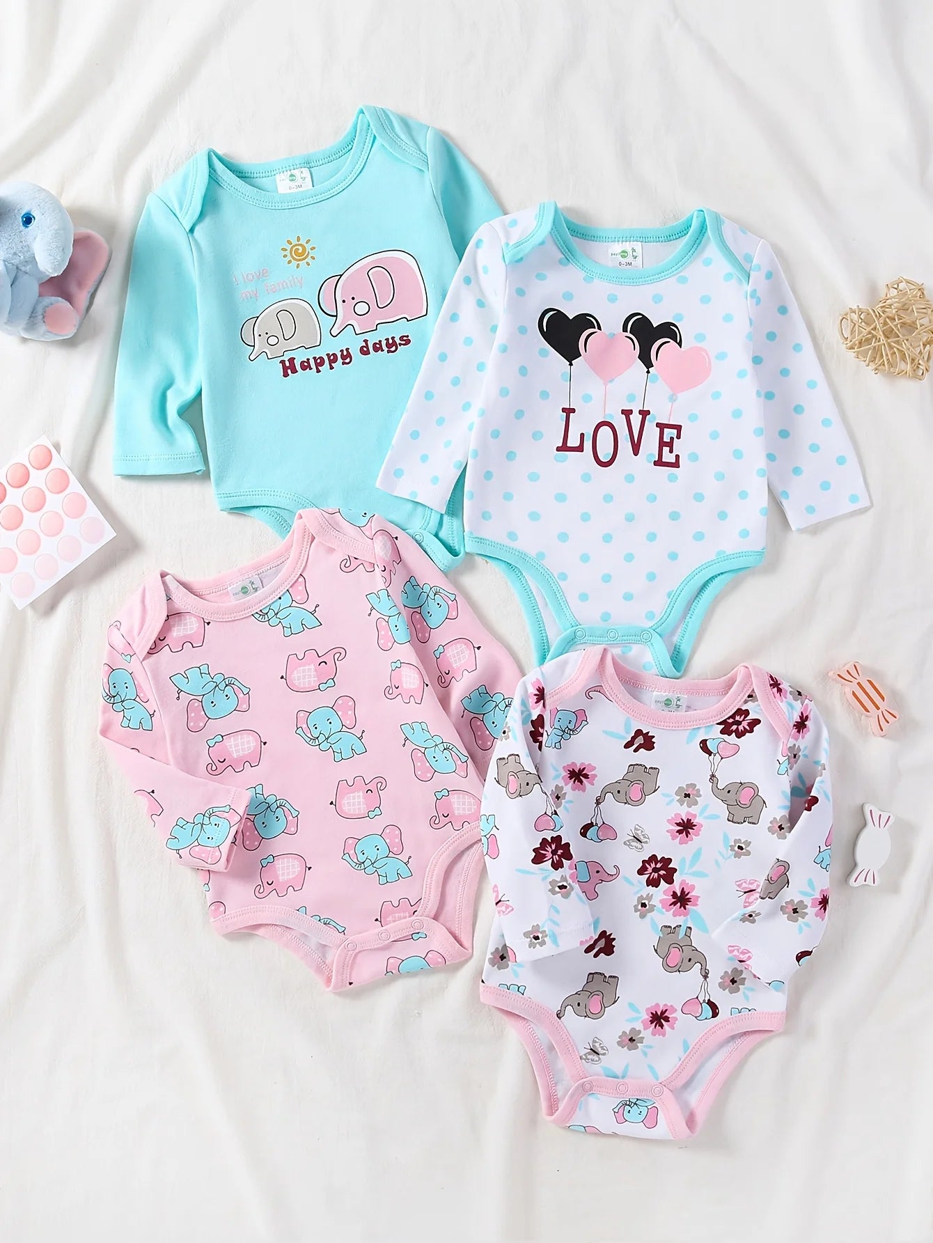 Colorful 4-pc Baby Girl Long Sleeve Bodysuits, Round Neck Rompers with Cute Prints, Soft Skin-Friendly Outfits for Newborn - 1 year olds