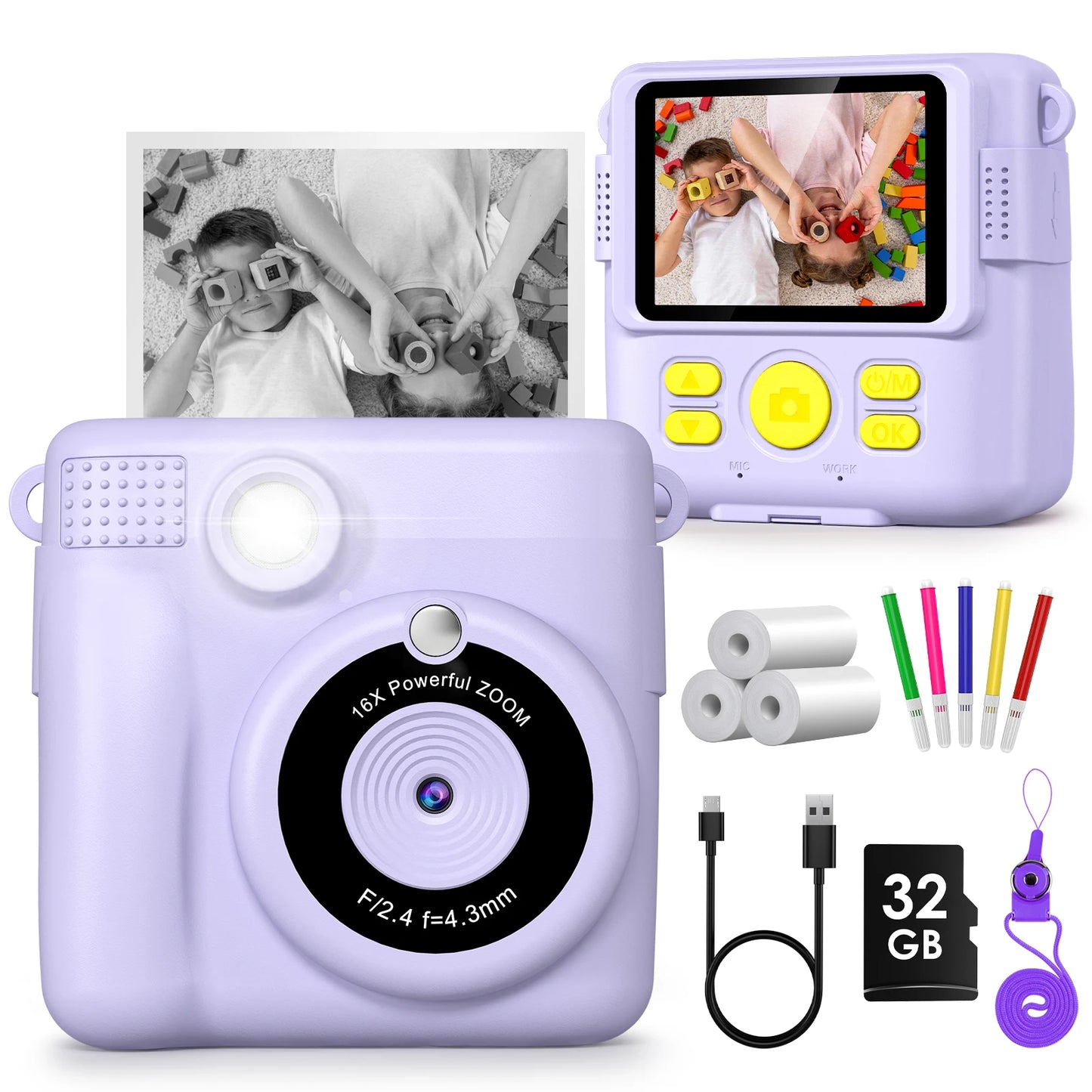 Kids Digital Camera 1080P HD Instant Print Camera with 32GB Card Gift For Boys - Girls 5-12