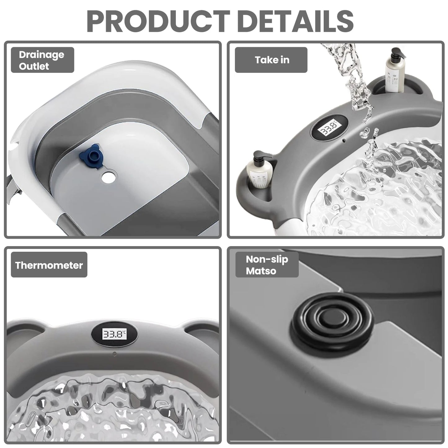 Portable Collapsible Baby Bathtub With Thermometer And Drain Hole