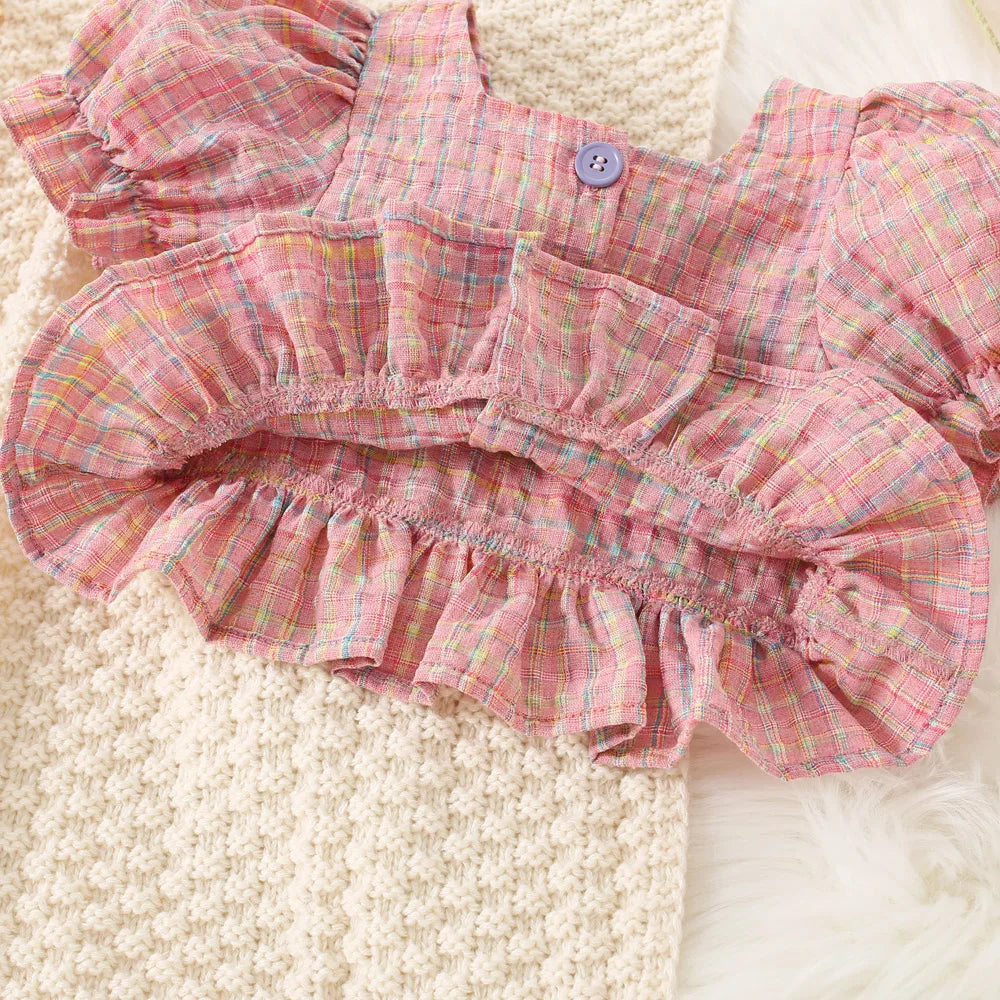Toddler Summer Baby Girl Cotton Pastel Plaid Bubble Sleeve Top And Shorts Set, Cute for Special Occasions.