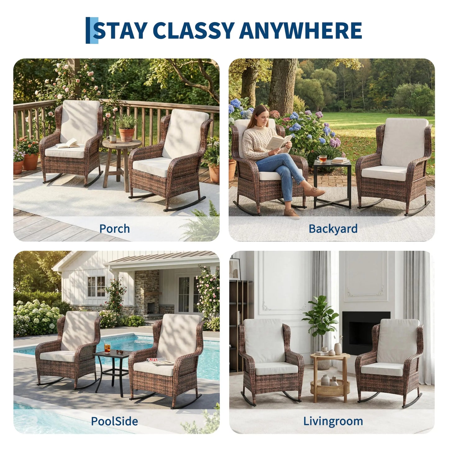 Outdoor Wicker Rocking Chair, All-Weather Patio Rocker with Thick Cushions, High Back Rattan Chair For Adding Style to Front Porch, Garden or Backyard