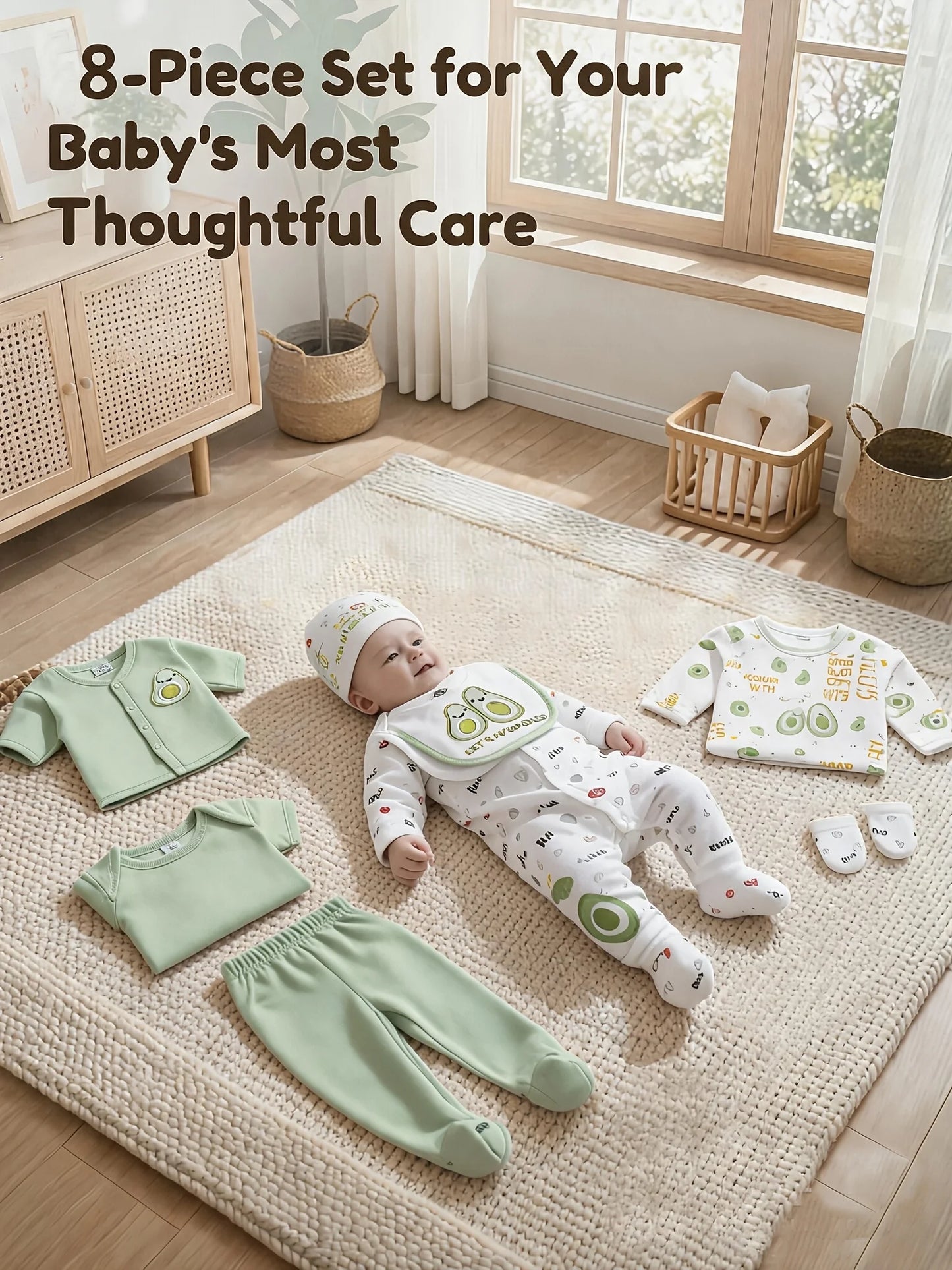 8pcs Infant Cozy Wear, 100% Cotton Infant Essentials, Unisex Bodysuit & Romper, Pants, Soft Jacket, T-shirt with Hat, Bib and Socks. Perfect for gifting, sizes 3-9 months.