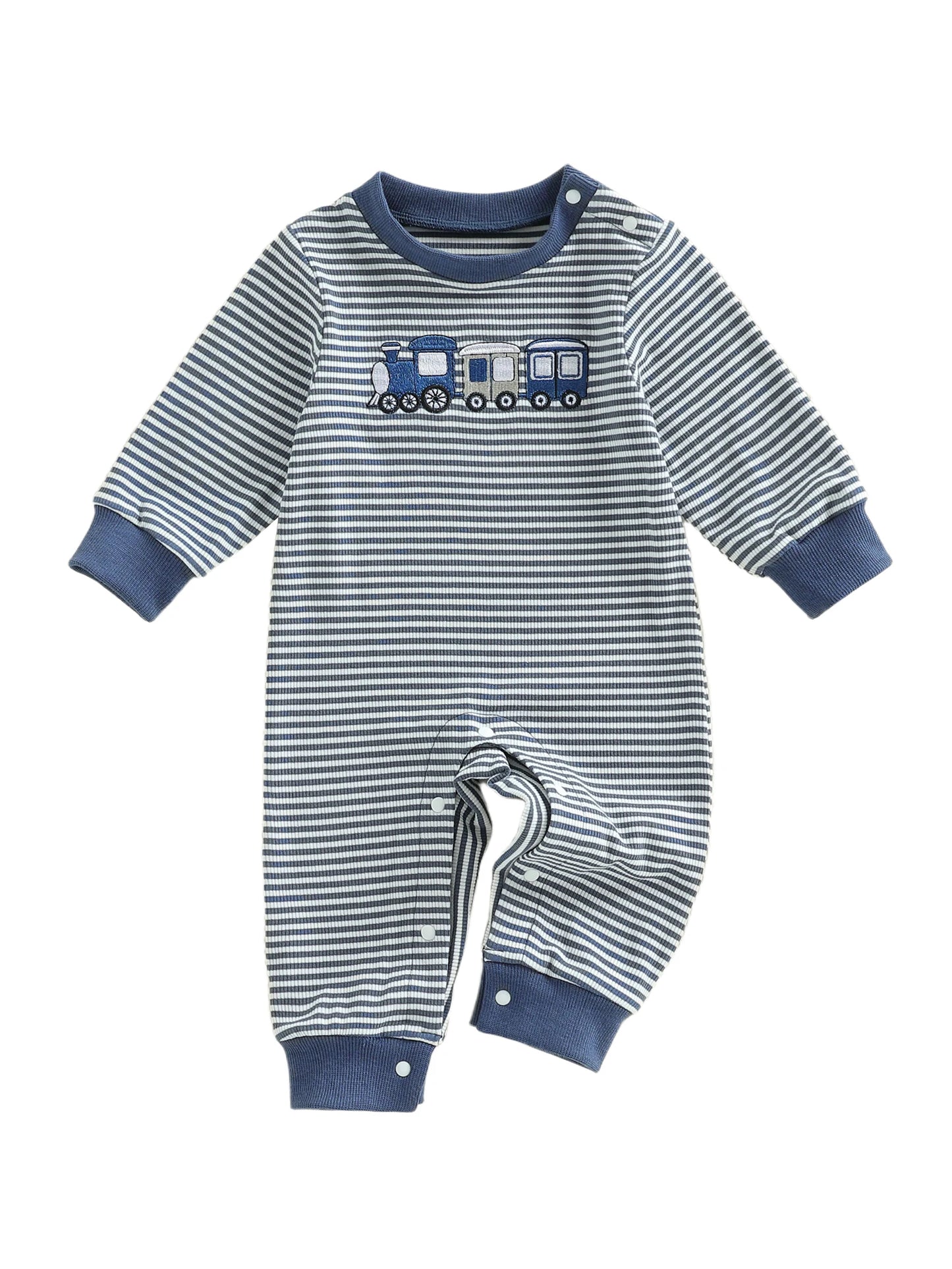 Infant-Toddler Boys Striped Playsuit with Long Sleeves and Train Embroidery. Comfortable Crewneck Loose Fit Romper
