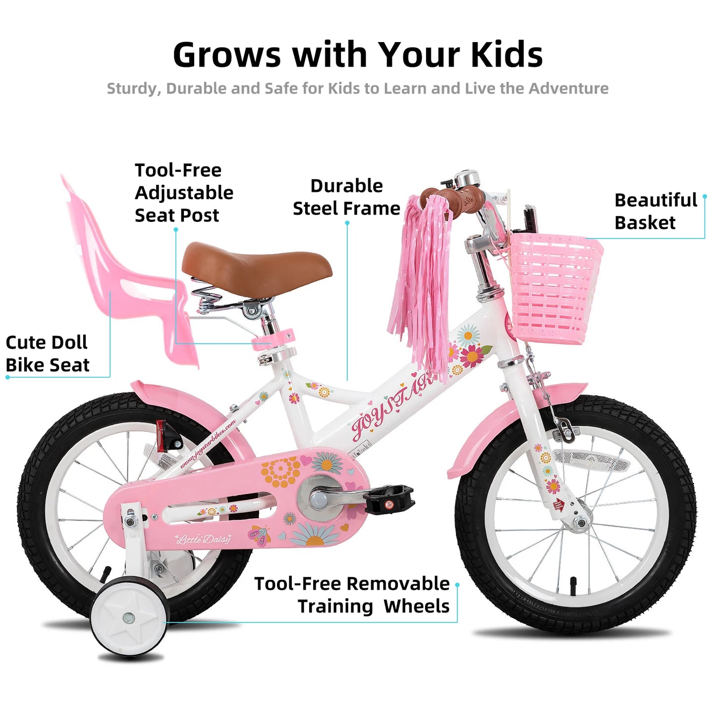Girls Bike For Ages 2 To 7 With Doll Carrier, Streamers, Basket, Training Wheels