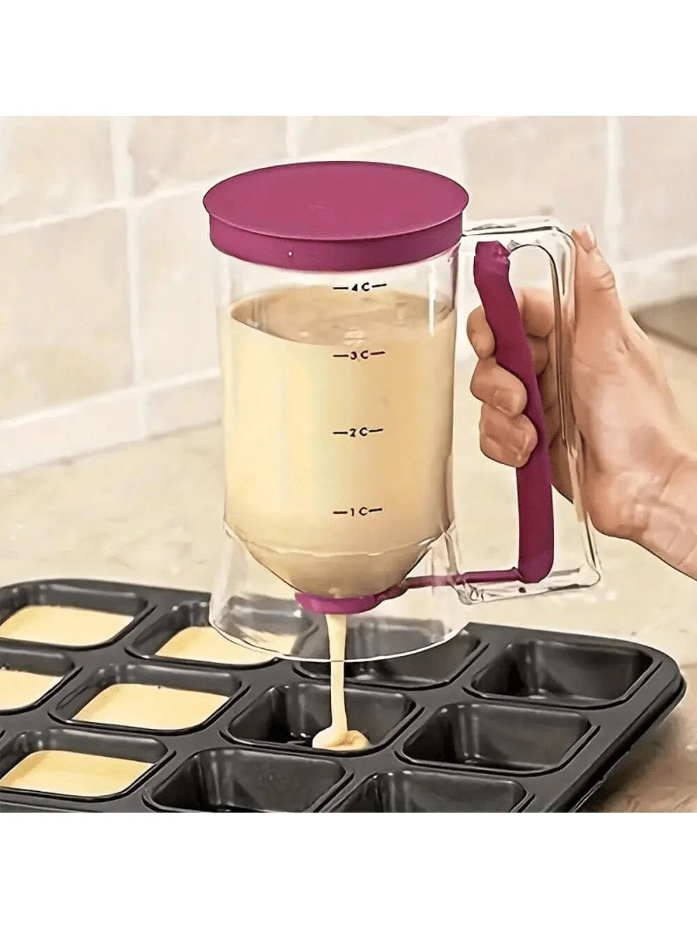 Pancake Batter Dispenser With Handle, Pairs with mini Pancake griddle, Batter Mixing Dispenser, Perfect For Pancakes, Cupcakes, Waffles, Muffin Batter, Cakes, use with Cupcake Liners. A great Kitchen Tool for Family Gathering
