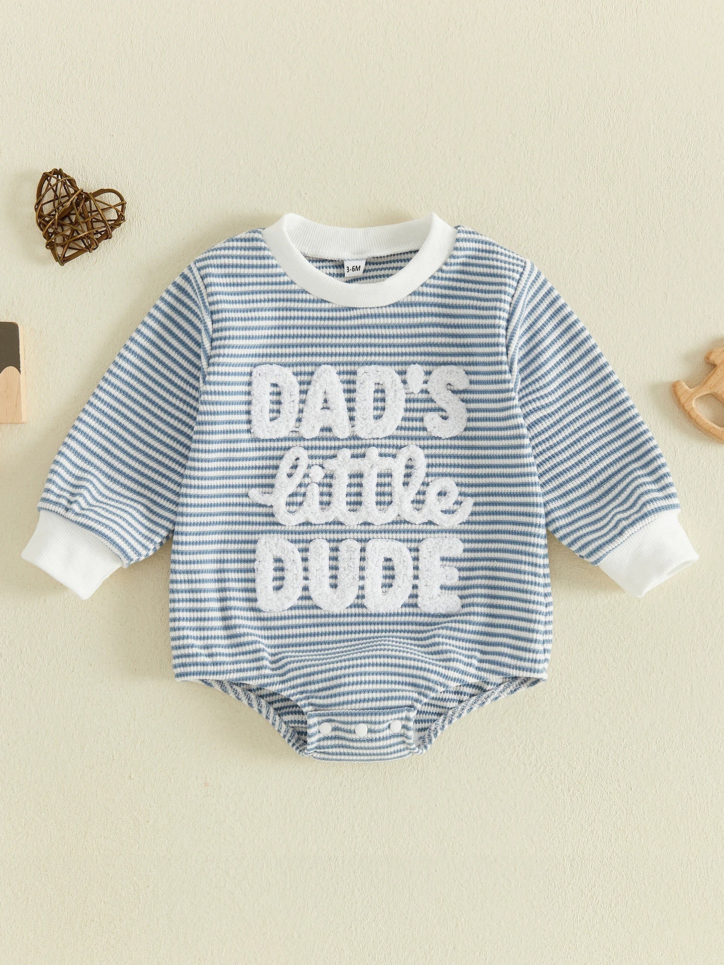 Round-Neck Embroidered Long Sleeve Romper.  Cute for Baby boys and Dads. Infant sizes.