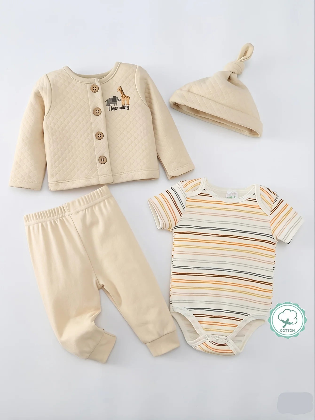 4pcs Infant Autumn & Winter Set, Crew Neck Outfit Including Thick Coat, Long Pants, Short Sleeve Romper and Hat, Cotton Sweat-absorbent Outerwear, Neutral Infant Set for Picture Sessions or Dressing UP for Special Days.