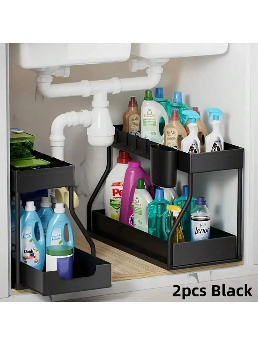 2 Tier Under Sink Organizer and Storage, Large Capacity, Heavy Load Pull-Out Under Sink Shelves with Sliding Drawer for Kitchen And Bathroom keeping order in tight spaces.