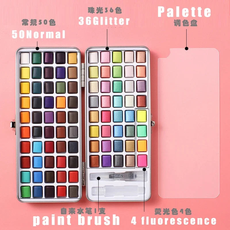 90 Color Watercolor Paint Set with Glitter, Portable Metal Case and squirrel hair brush, for creative learning and painting.
