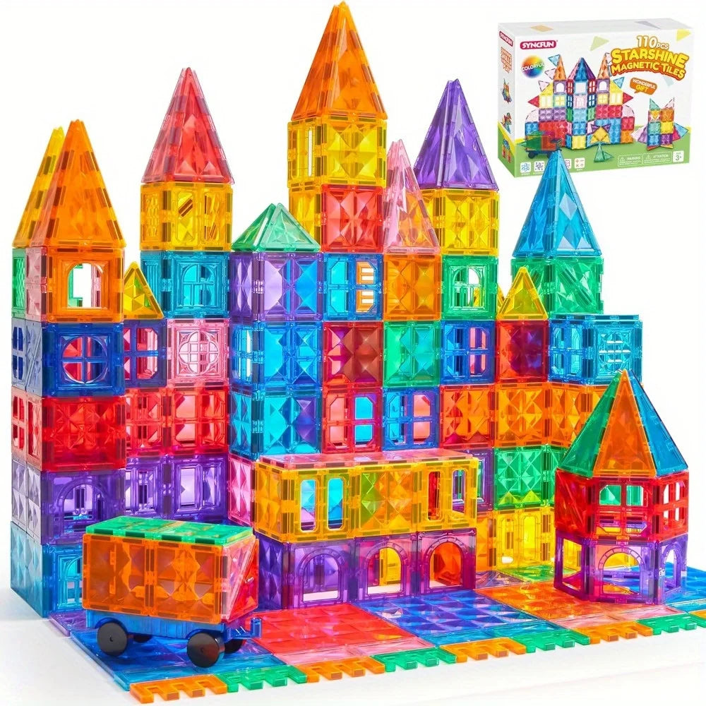110/66/50 PCS Magnetic Building Tiles for 3D  Construction ages 3-7 for STEM Kids, Makes Great Birthday or Holiday Gift, too.