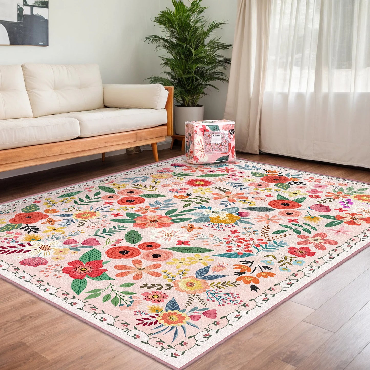Boho Floral Pattern Non Slip Polyester Rug- Machine Washable, Adding Color to Family Spaces