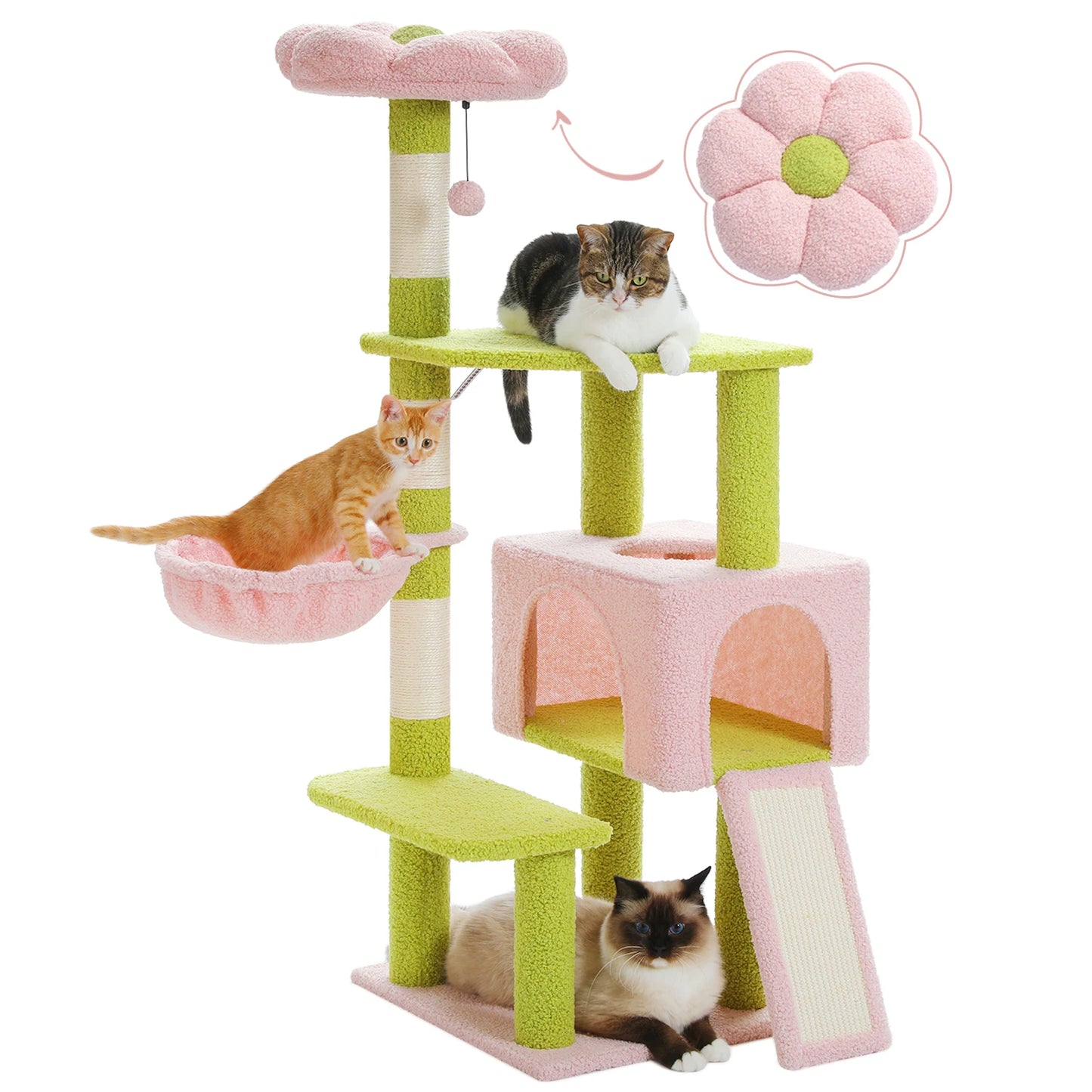 Colorful Cat Tree Tower With Sisal Posts And Perches and cute flower rooftop