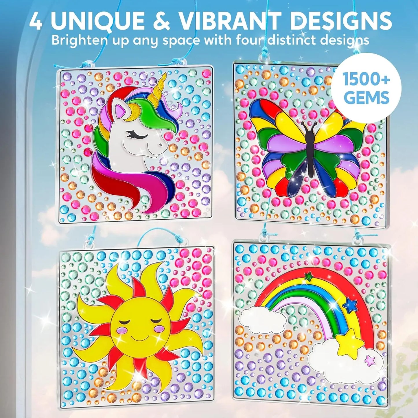4PCS Window Art 2-in-1 Gems and Gels Suncatchers for Kids Craft time and artistic play.