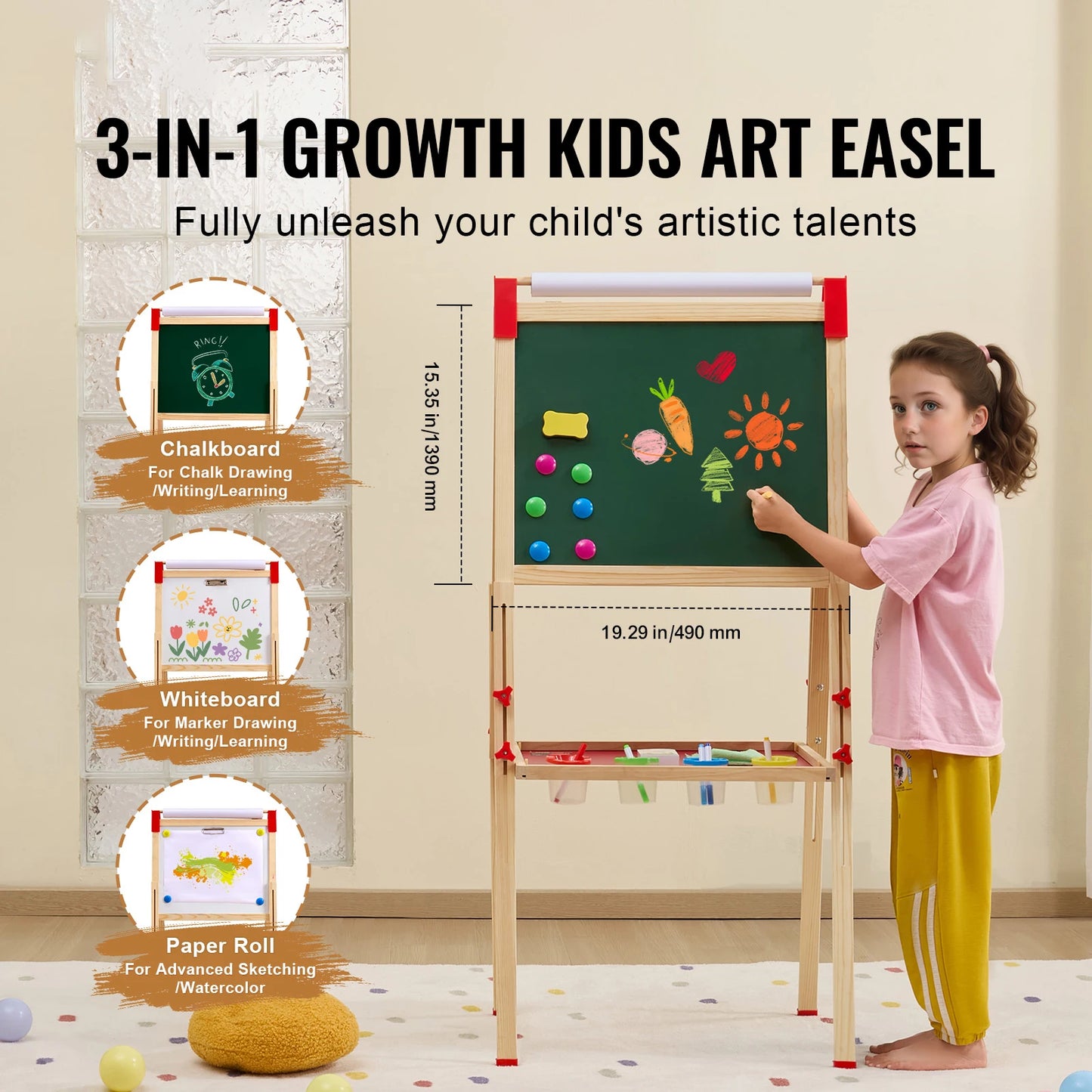 Adjustable Children's Magnetic Drawing Board, Wooden Double-Sided Art Easel with Whiteboard - Chalkboard for creative play.
