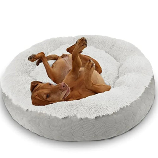 Dog Donut Calming Bed, Fluffy Cushion for Dogs, Cooling and Warming Double Sided for Comfort.