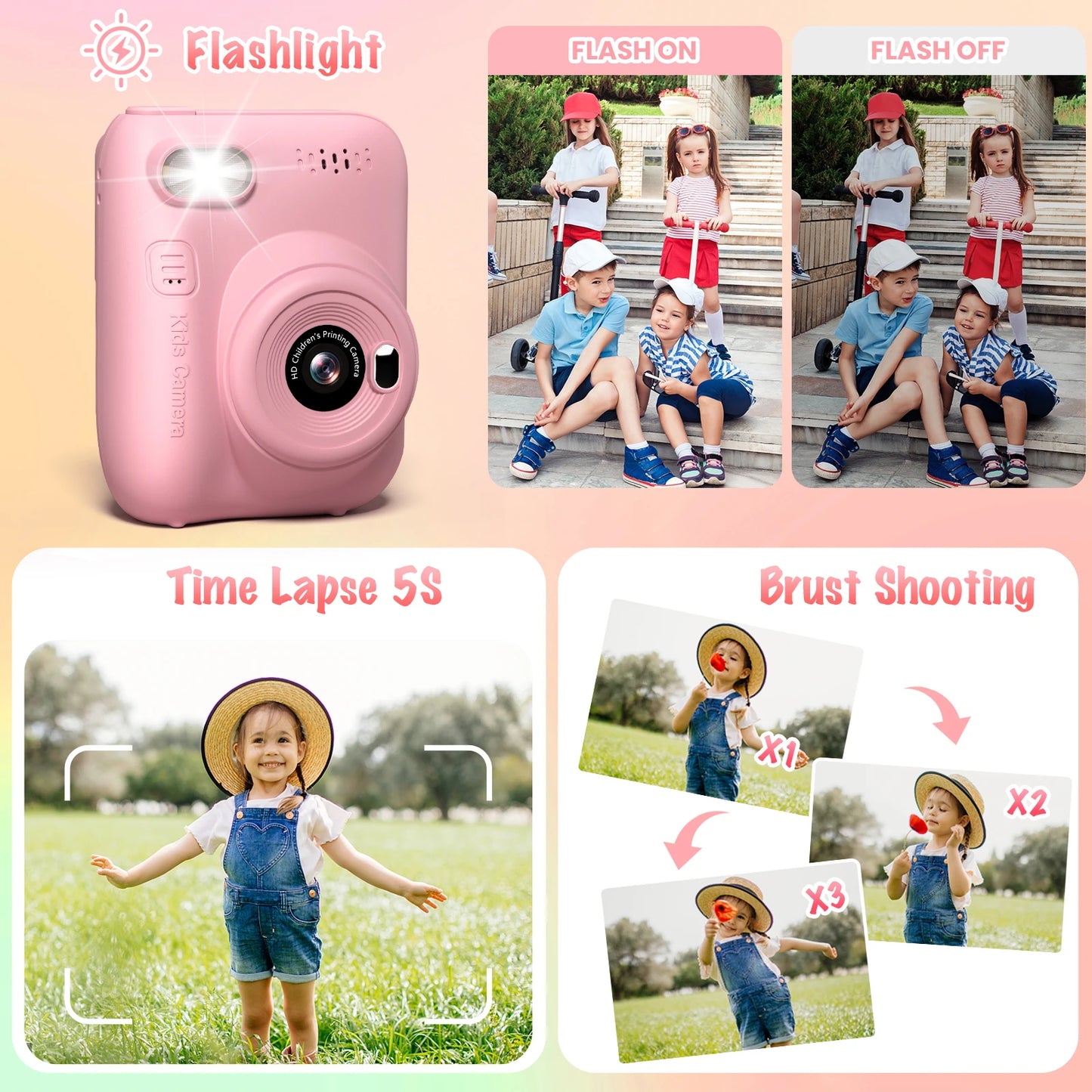 Instant Print Camera for Kids, 3.0" Kids Camera for 5-12 Years,  HD 1080P Digital Camera with 3 Rolls of Printer Paper for early exposure to creative photography.
