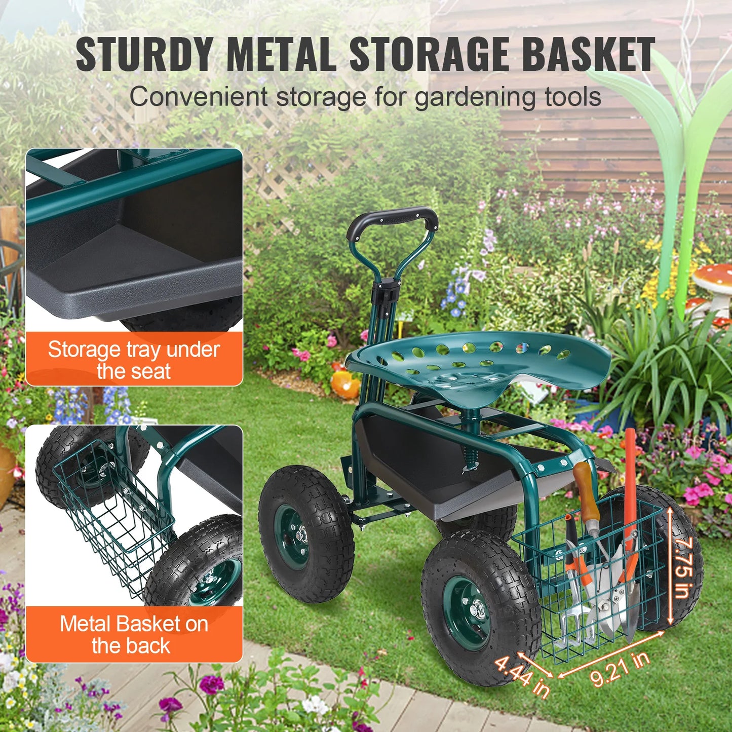 SucceBuy Garden Cart Rolling Workseat With Wheels Swivel Seat