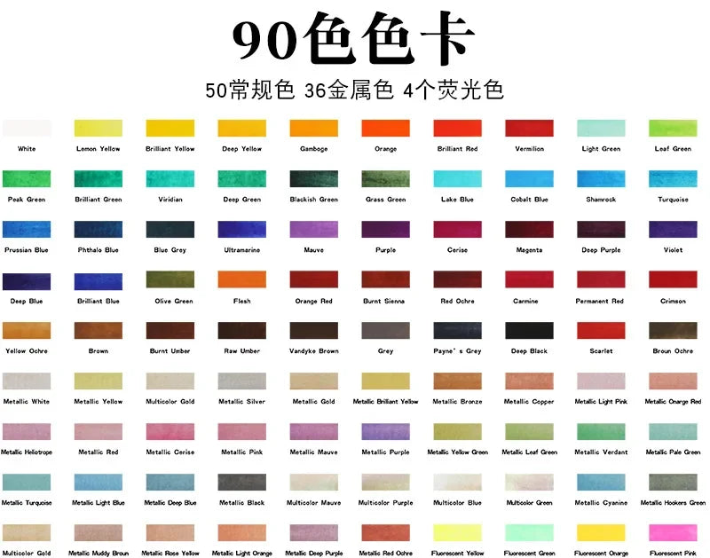 90 Color Watercolor Paint Set with Glitter, Portable Metal Case and squirrel hair brush, for creative learning and painting.