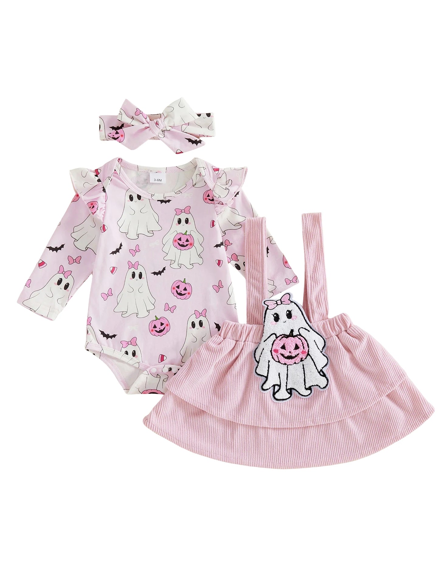 Baby Girl's Long Sleeve Romper for Sweet Halloween Outfit. Pair with tights to complete the look. Order now for October gatherings.