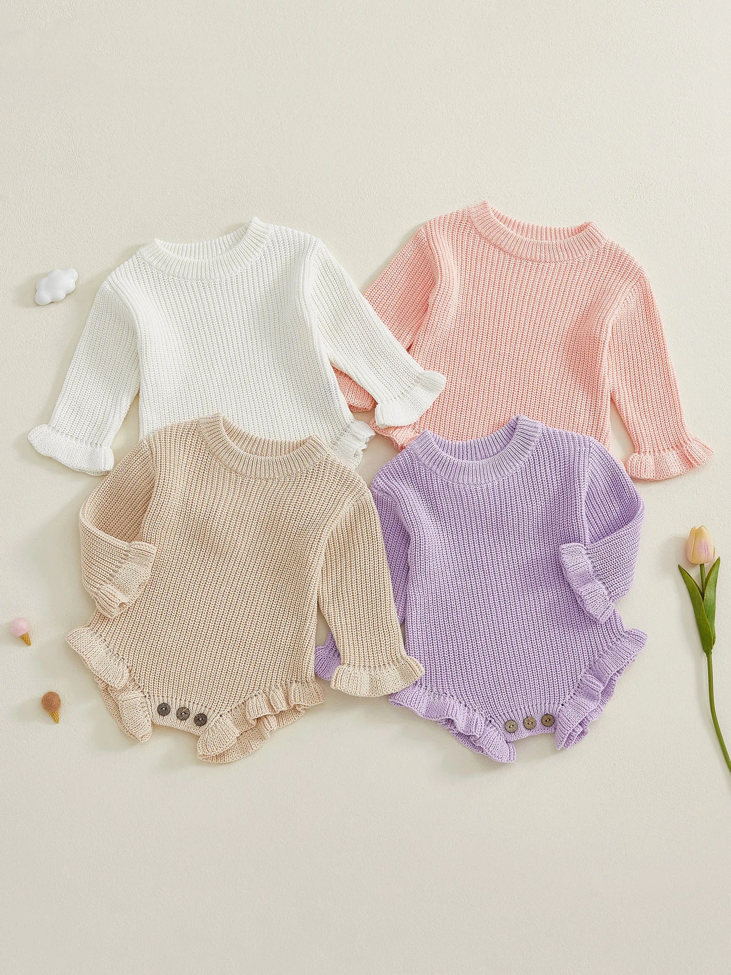 Infant Autumn Knitted Bodysuit With Ruffled Sleeves