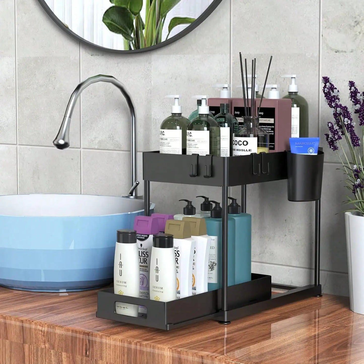 2 Tier Under Sink Organizer and Storage, Large Capacity, Heavy Load Pull-Out Under Sink Shelves with Sliding Drawer for Kitchen And Bathroom keeping order in tight spaces.