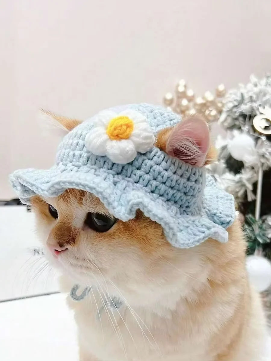 Knitted Pet Hat with Floral Trim for Small Dogs and Cats. Keeping your Critters Stylish!