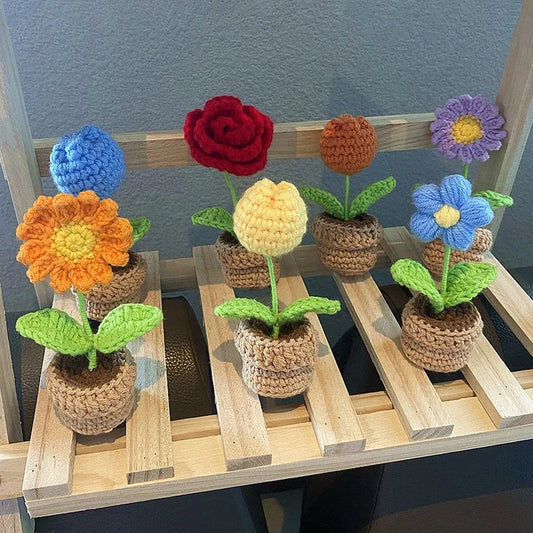 Handmade Crochet Flower Potted Decor For Home And Office Spaces