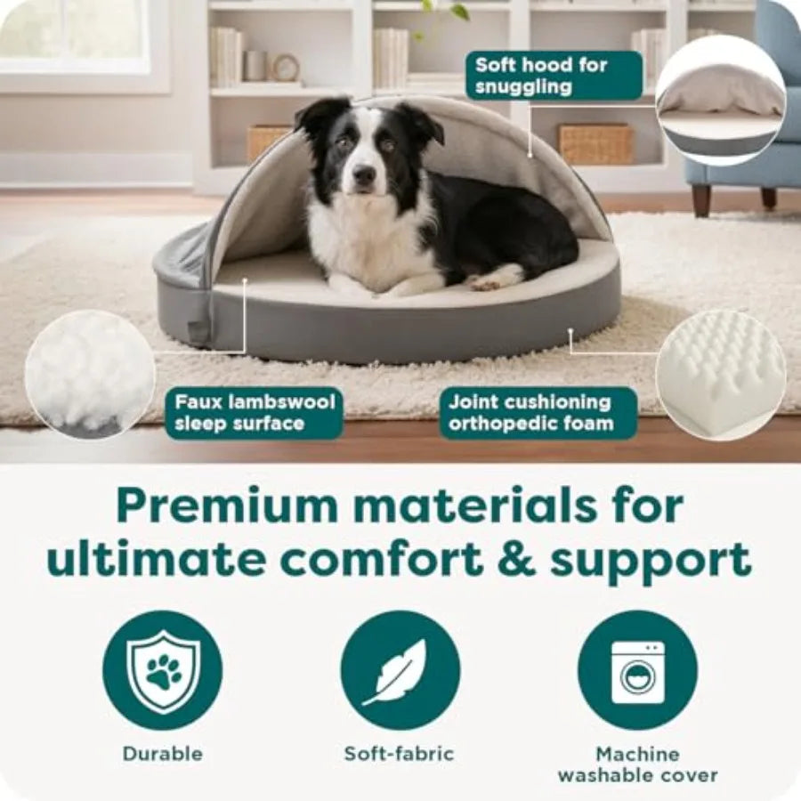 Round Orthopedic Dog Bed for Dogs, Egg Crate with a Solid Orthopedic Foam Base, Attached Hood that's Removable/Washable