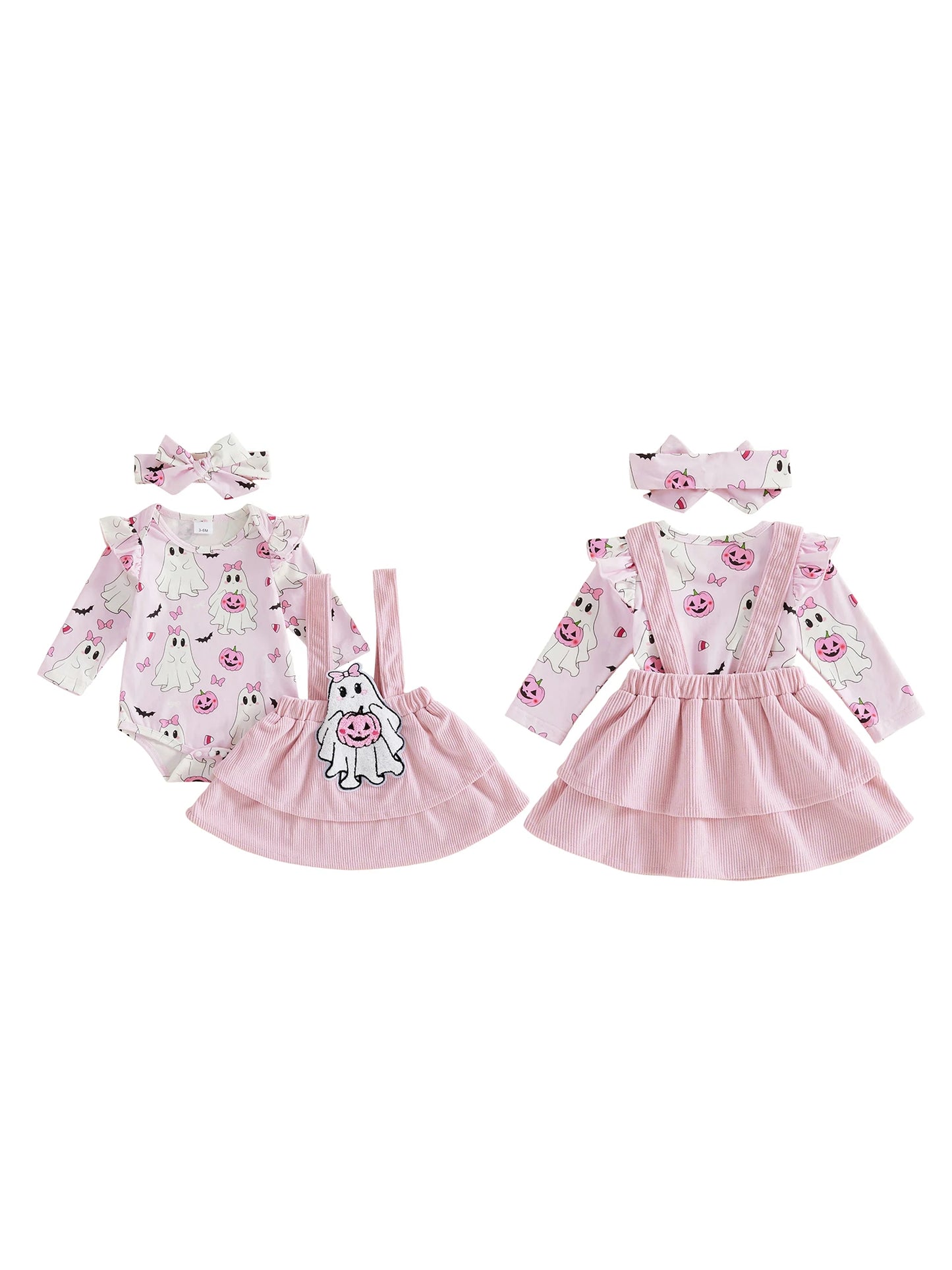 Baby Girl's Long Sleeve Romper for Sweet Halloween Outfit. Pair with tights to complete the look. Order now for October gatherings.