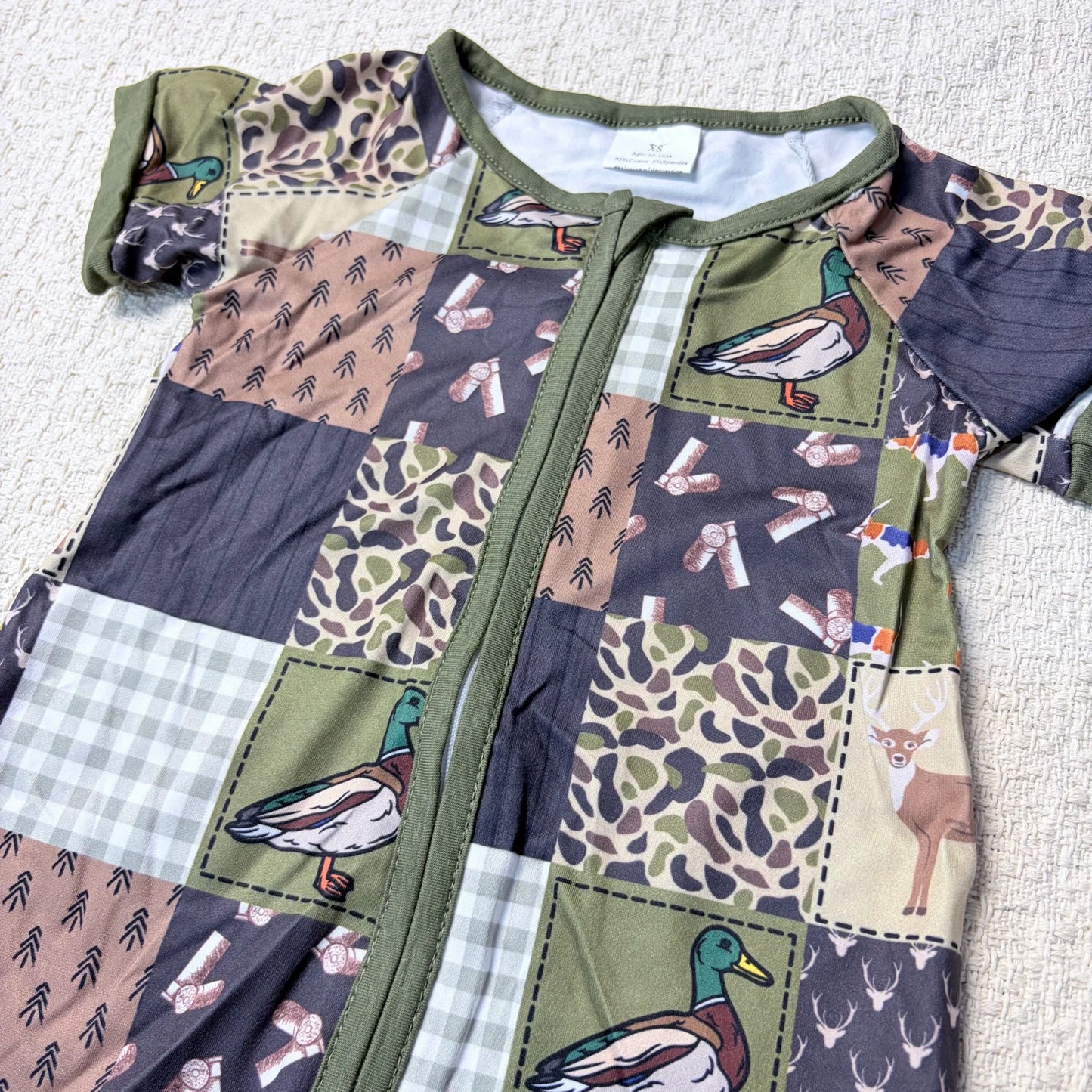 Baby Boy Summer Romper with Short Sleeves and front zipper. Duck Design, Sibling Outfits Infant to Toddler.