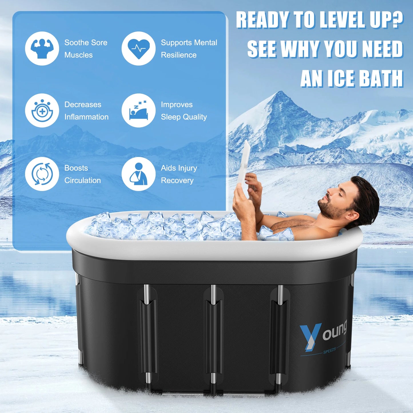 Ice Bath Tub for Athletes, 141 Gal XXL Large Oval Cold Plunge with Padded Inflatable Rim. Cold Tub with Cover, Portable for your Wellness.