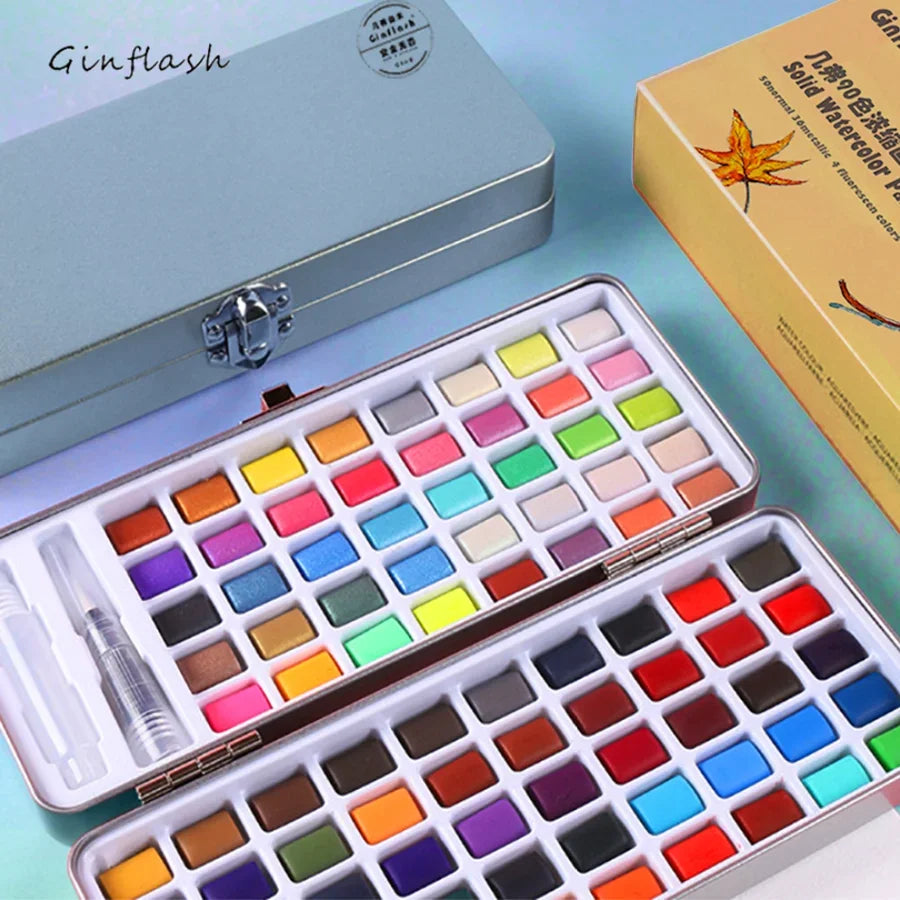90 Color Watercolor Paint Set with Glitter, Portable Metal Case and squirrel hair brush, for creative learning and painting.
