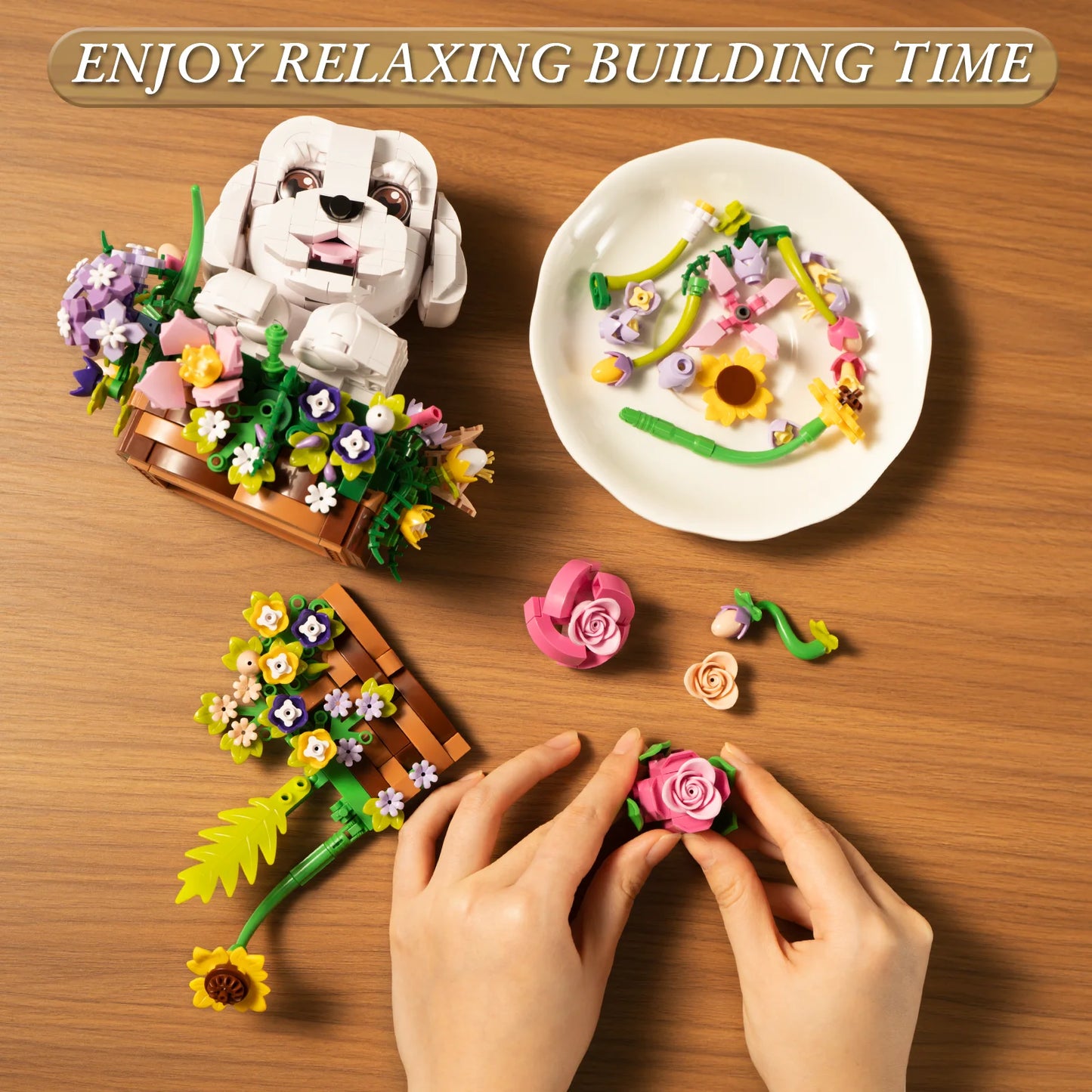 Dog and Flower Bouquet Building Blocks Set compatible with LEGO brand, for the pet and flower lover in the family. Great gift, too.