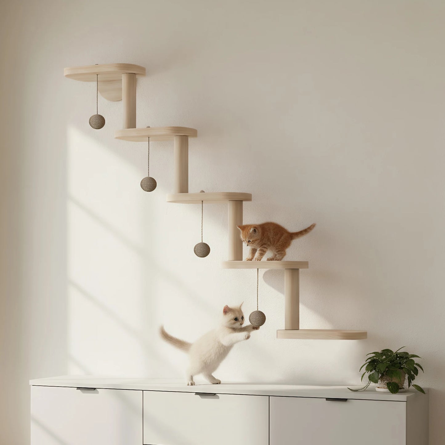 Five Layer Wooden Cat Climbing Frame that is Wall Mounted for Kitty Exploration