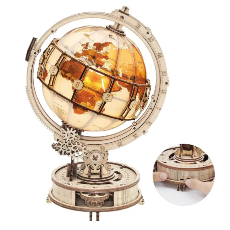 3D Wooden Puzzle Luminous Globe Model Kit with LED Light, Rotating Wooden Construction Kit for family time and educational learning.