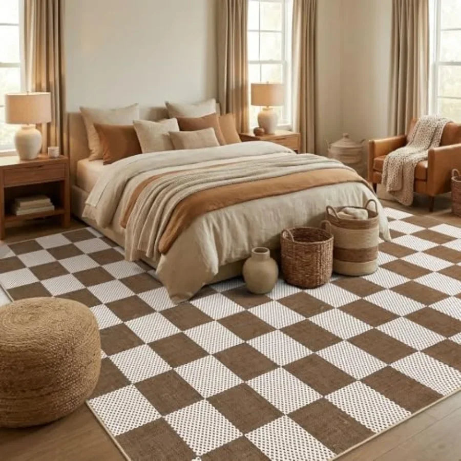 Checkered Washable Kilim Rug Geometric Neutral Boho Low Pile